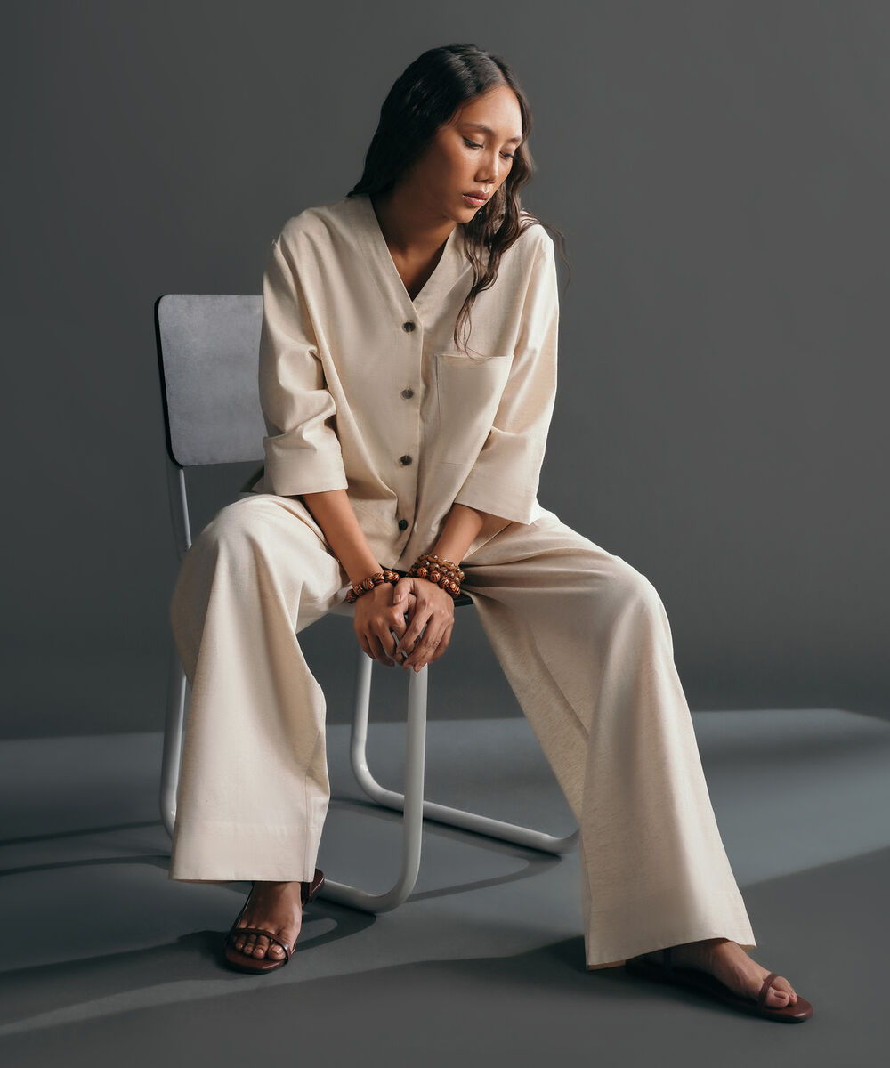 Women's Western Wear Beige Linen Blend Pull On Trousers