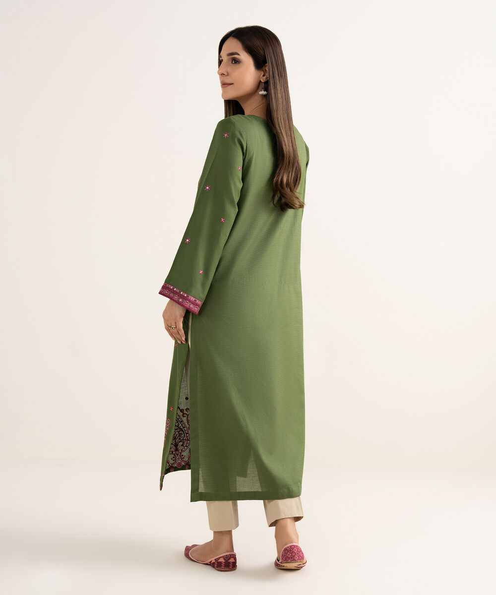 Women's RTW Textured Cotton Green Embroidered A-Line Shirt