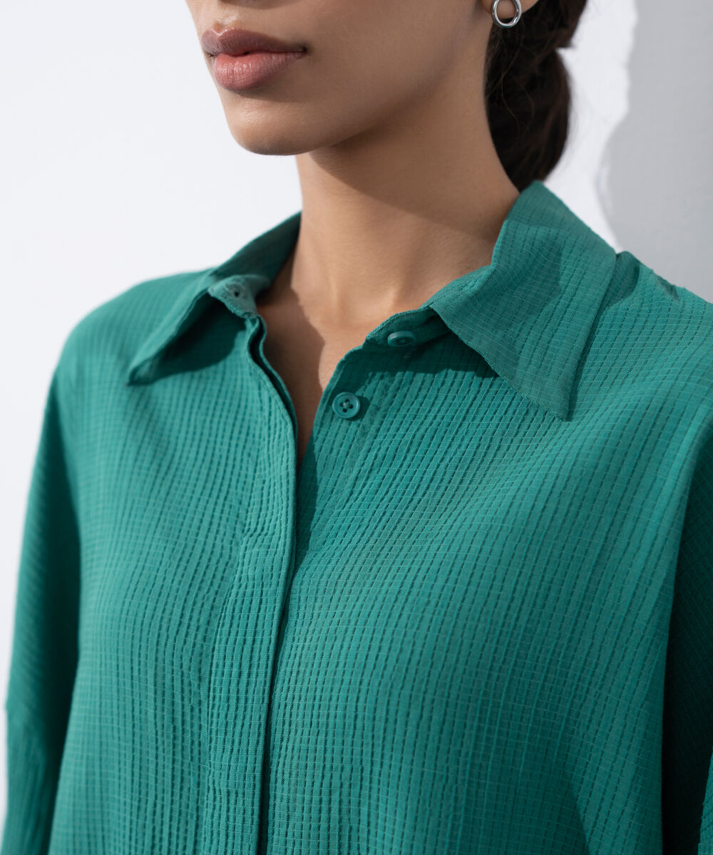 Women's Western Wear Green Seersucker Button Through Shirt