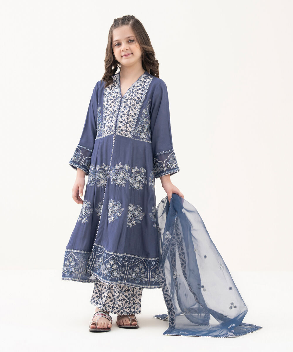 Girl's Viscose Raw Silk Embroidered Blue Three Piece Suit