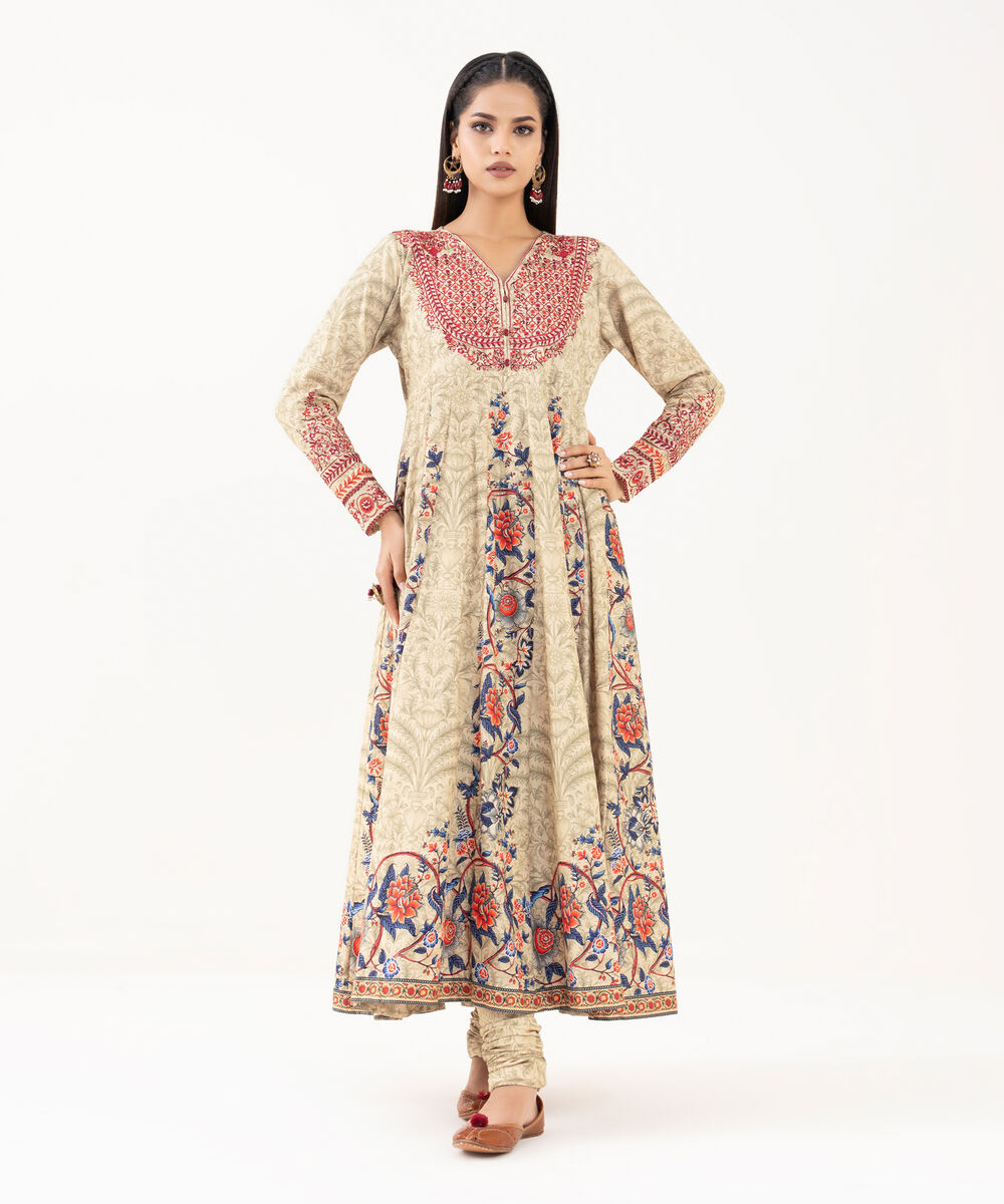Women's RTW Lawn Viscose Beige Embroidered Pishwas