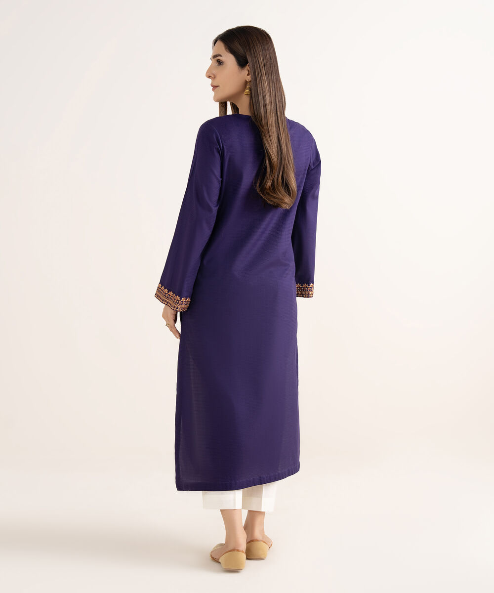 Women's RTW Textured Cotton Purple Embroidered A-Line Shirt