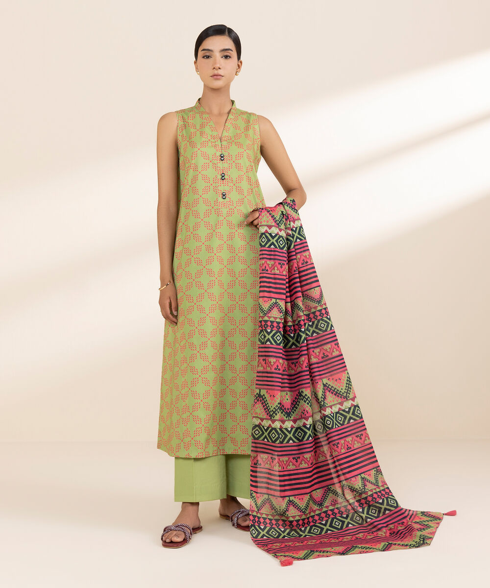 Women's Unstitched Lawn Printed Green 3 Piece Suit