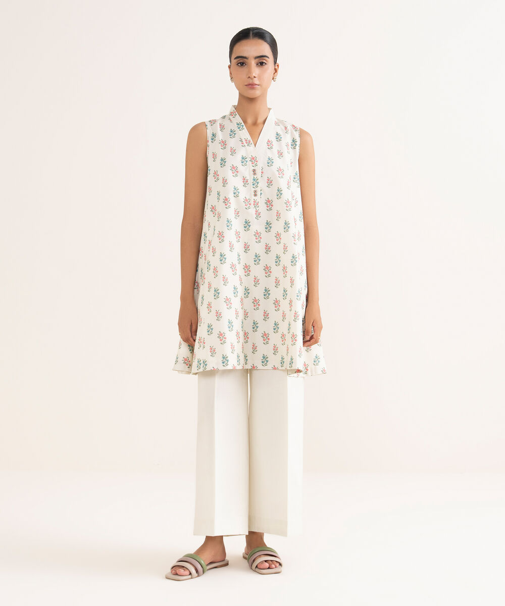 Women's Unstitched Cotton Printed Off White 2 Piece Suit