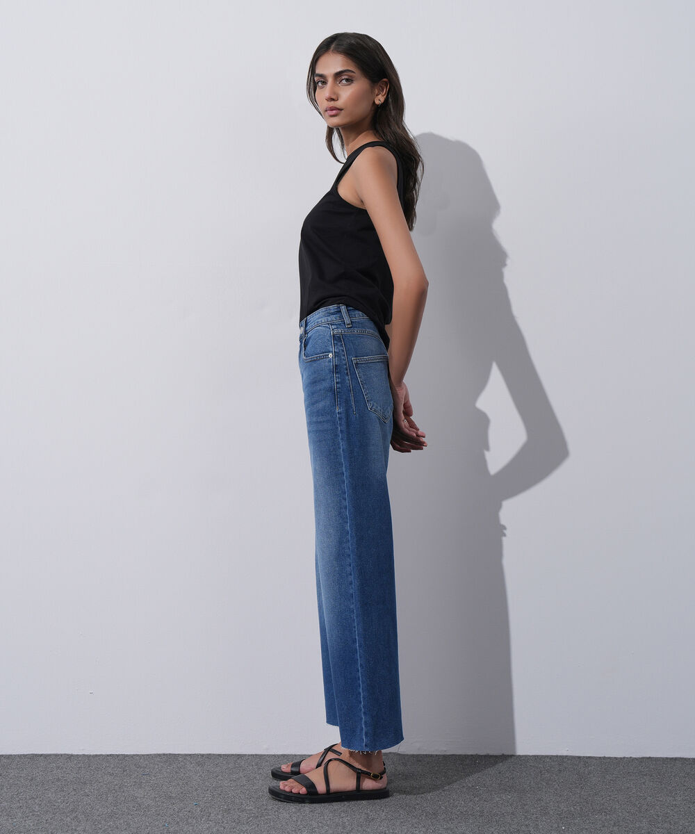 Women's Western Wear Blue Cropped Wide Leg Jeans