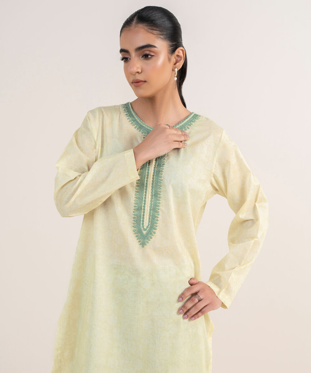 Women's RTW Lawn Yellow Embroidered A-Line Shirt