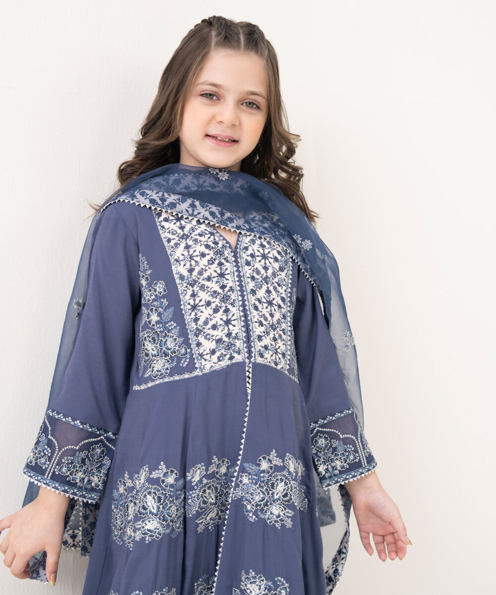 Girl's Viscose Raw Silk Embroidered Blue Three Piece Suit