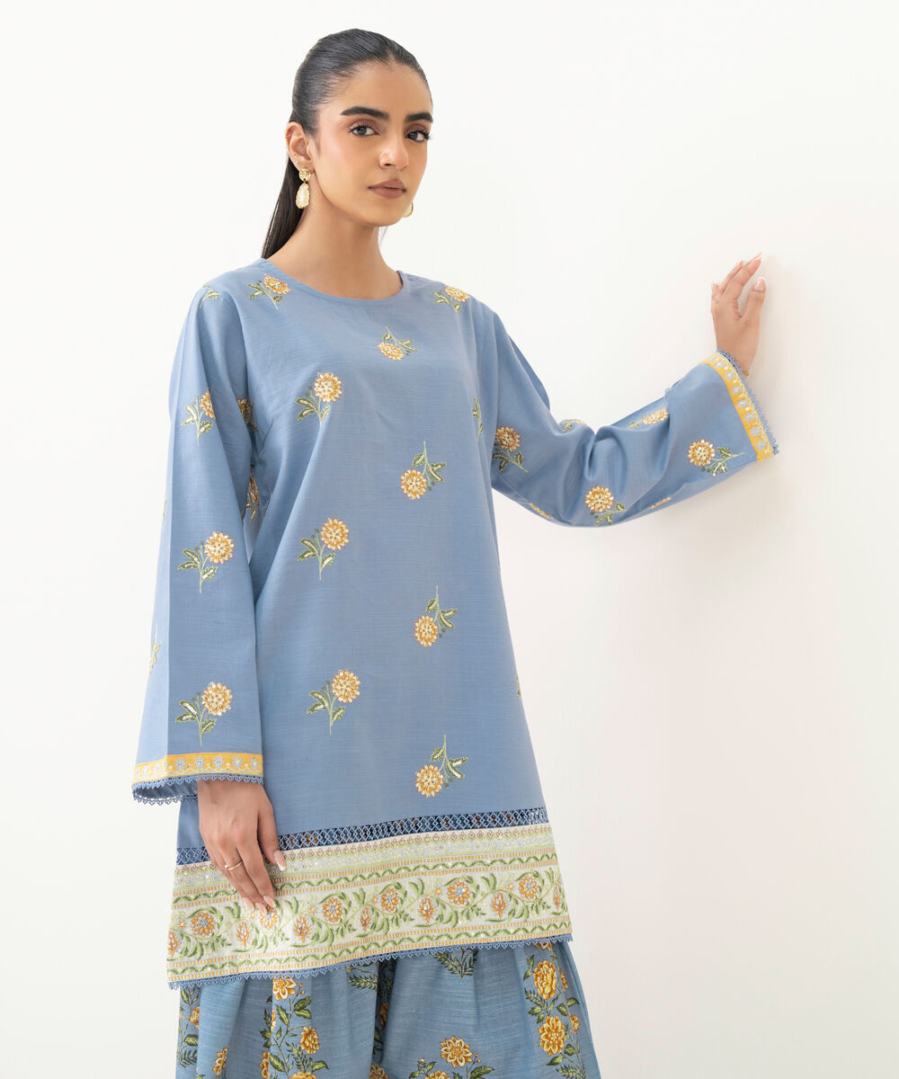 Women's RTW Light Khaddar Blue Embroidered Boxy Shirt