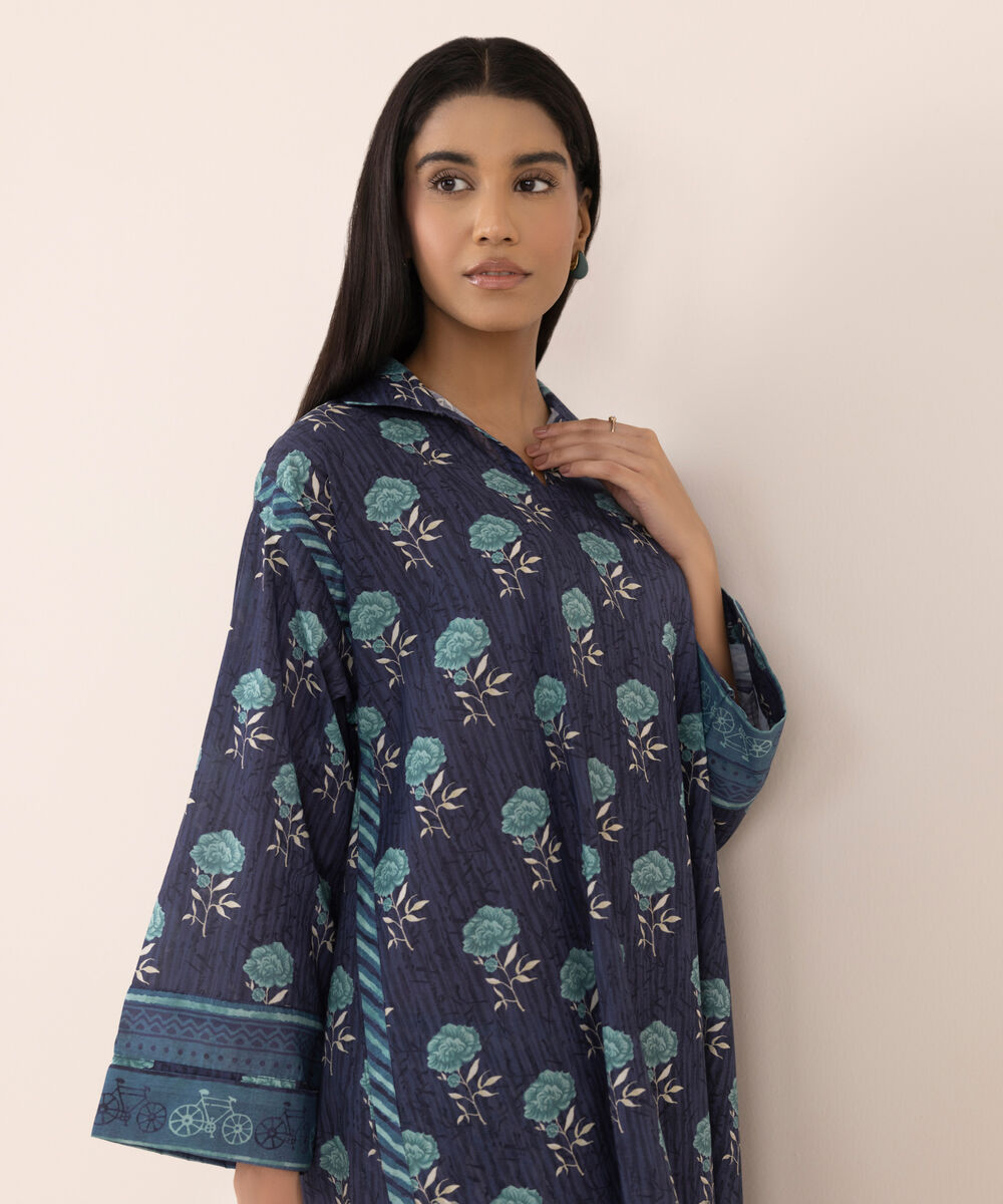 Women's RTW Lawn Blue Printed Drop Shoulder Shirt