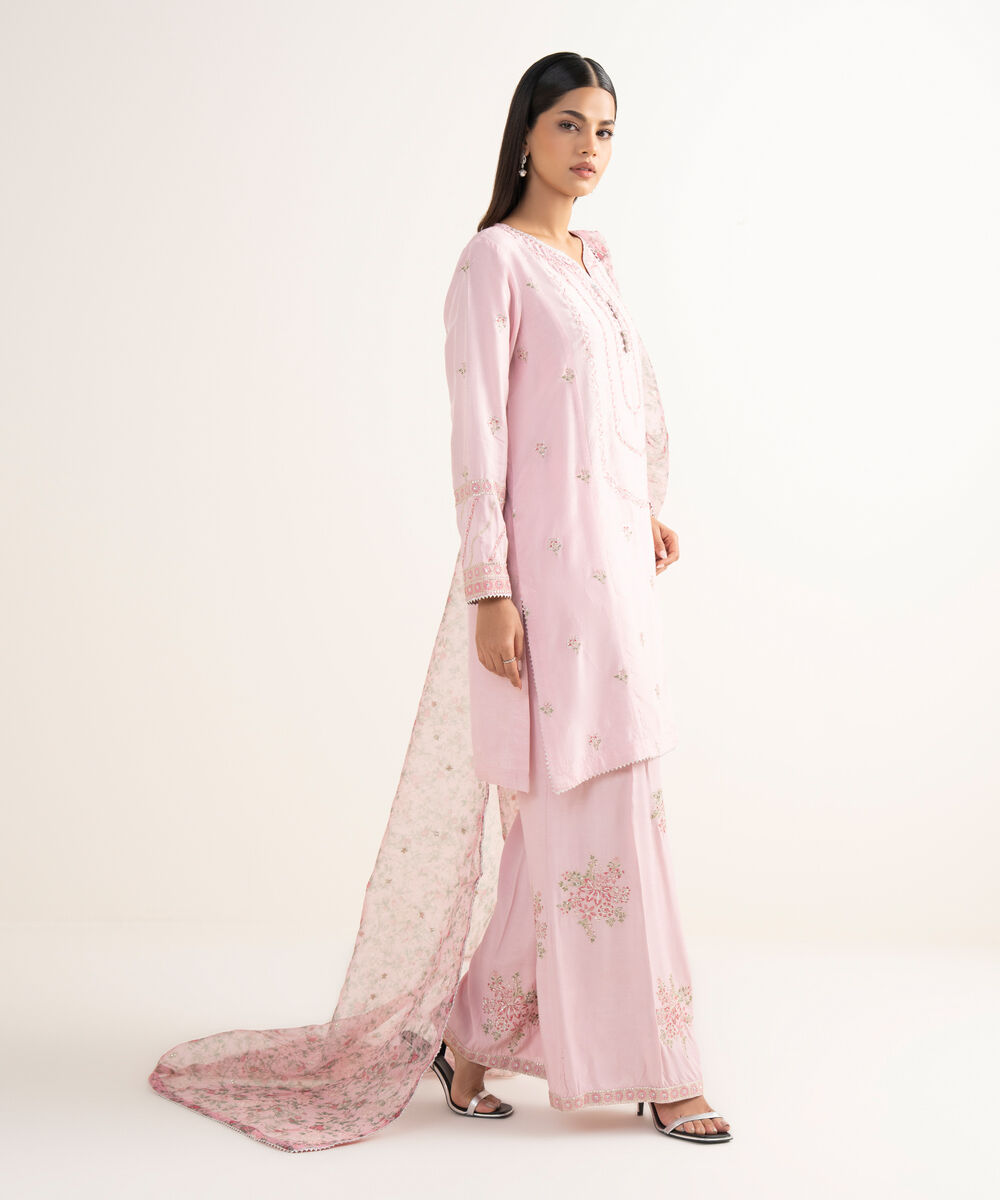 Women's RTW Raw Silk Pink Embroidered 3 Piece Suit