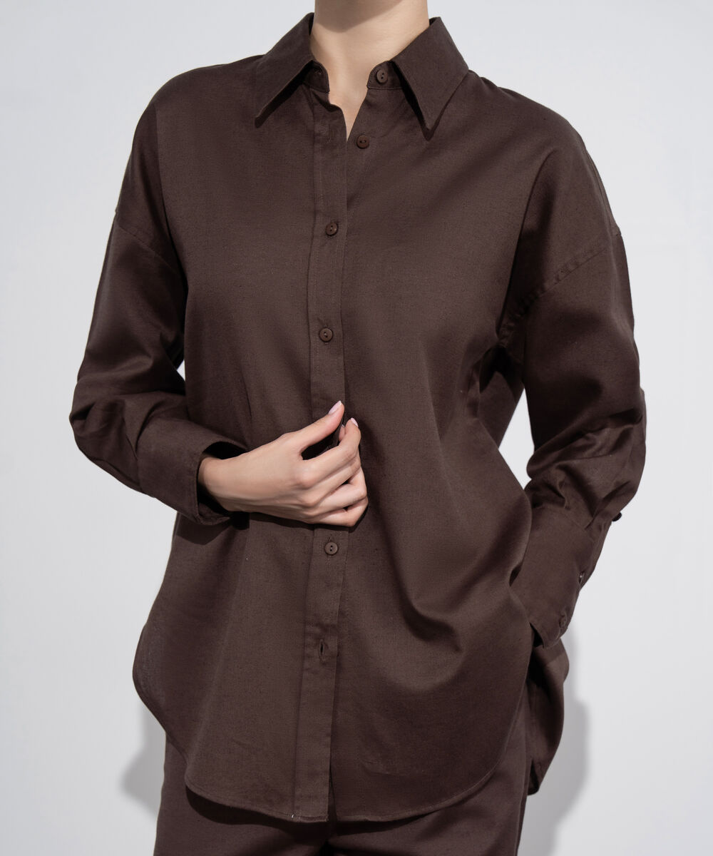 Women's Western Wear Brown Loose Fit Linen Blend Shirt