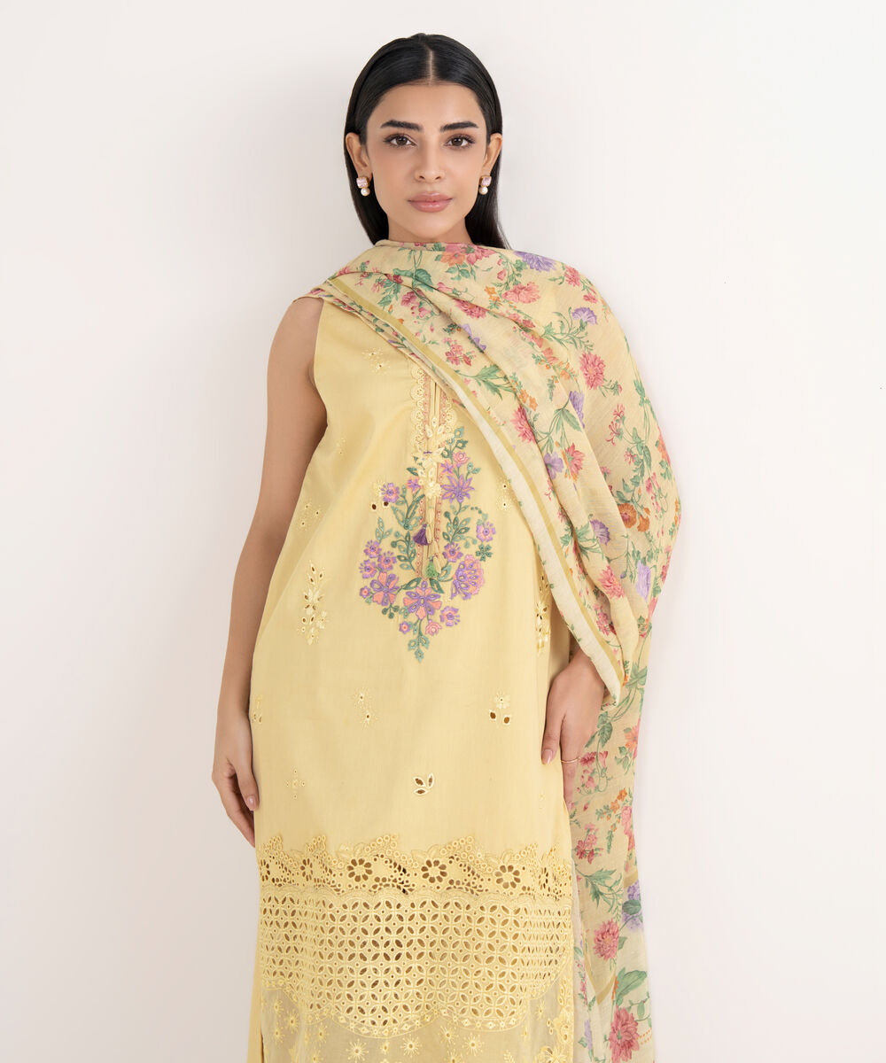 Women's Unstitched Fine Cotton Satin Embroidered Yellow 3 Piece Suit