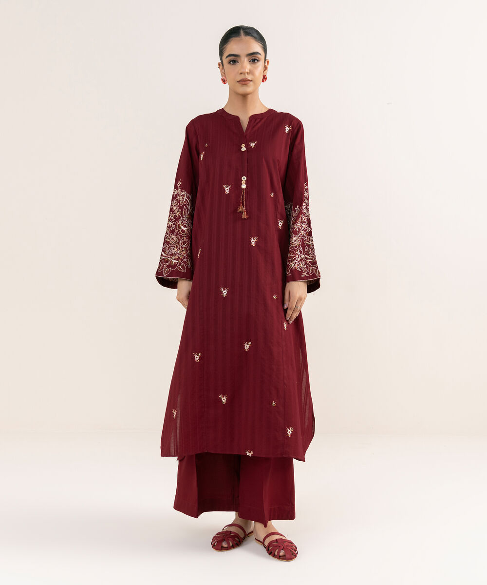 Women's RTW Textured Lawn Maroon Embroidered A-Line Shirt