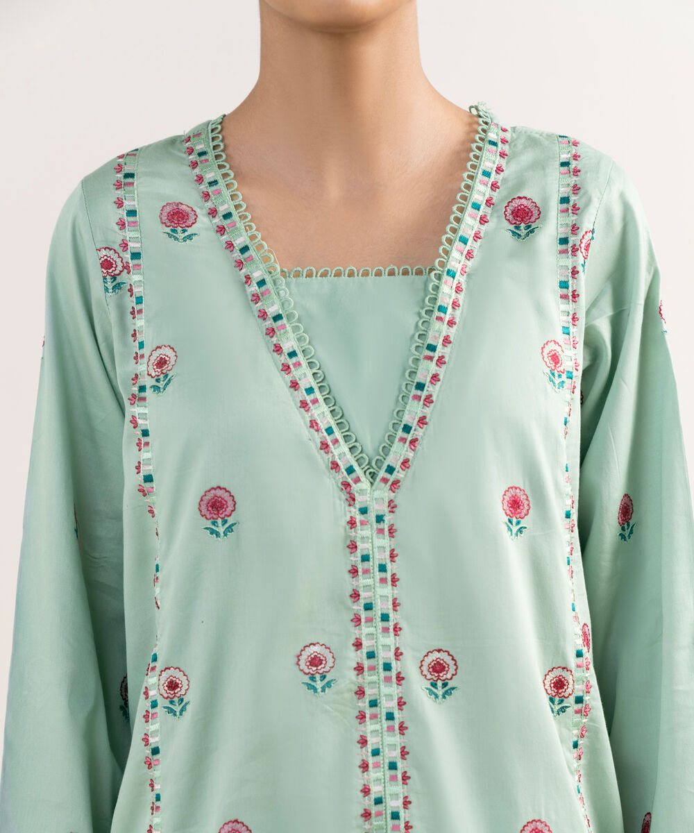 Women's RTW Cotton Satin Green Embroidered A-Line Shirt