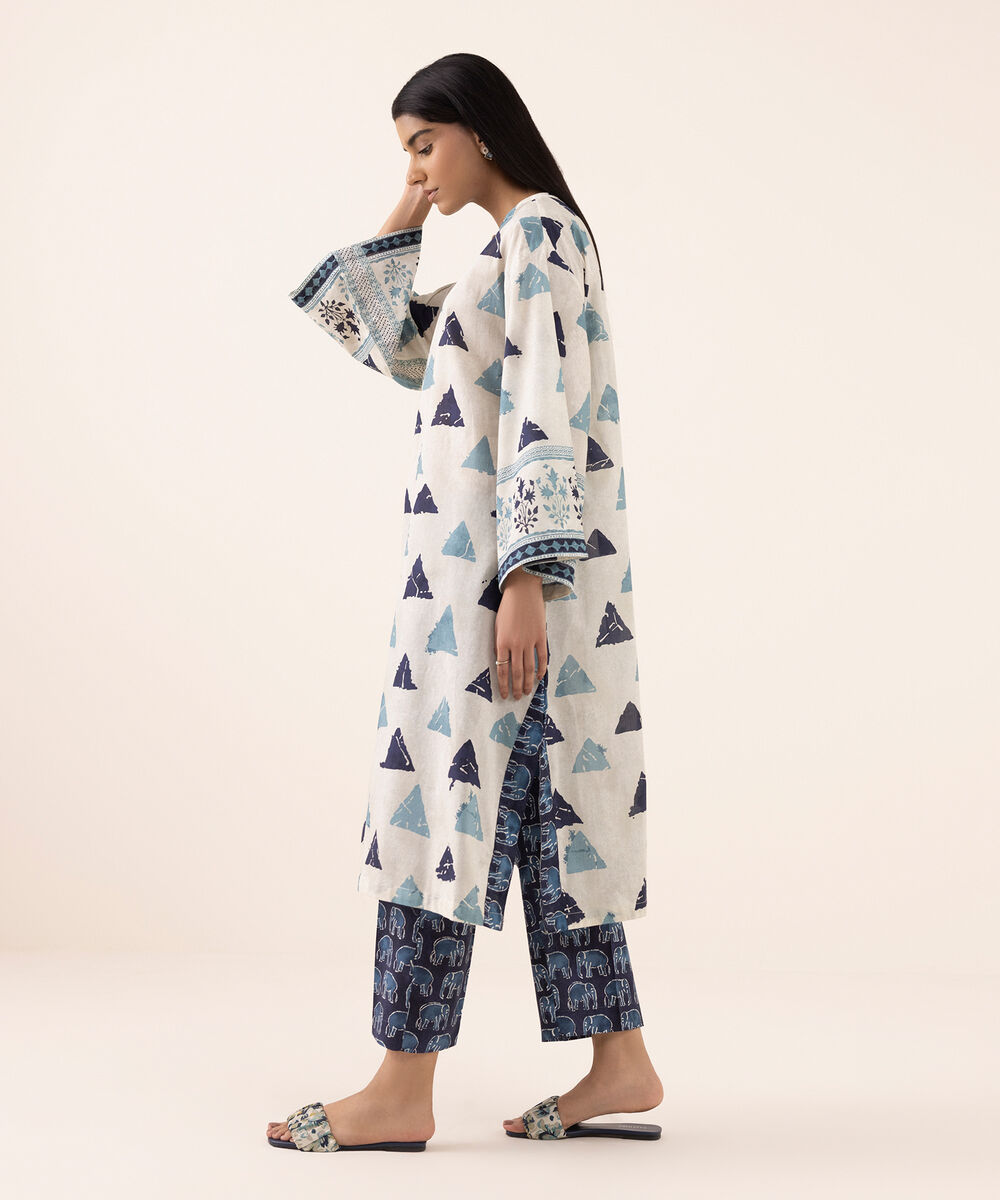 Women's RTW Lawn White Printed Drop Shoulder Shirt