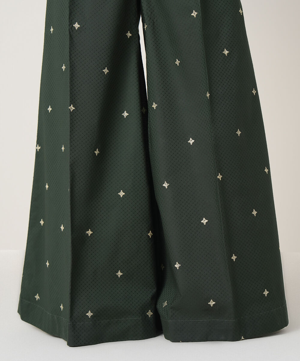 Women's RTW Textured Cotton Green Embroidered Trousers
