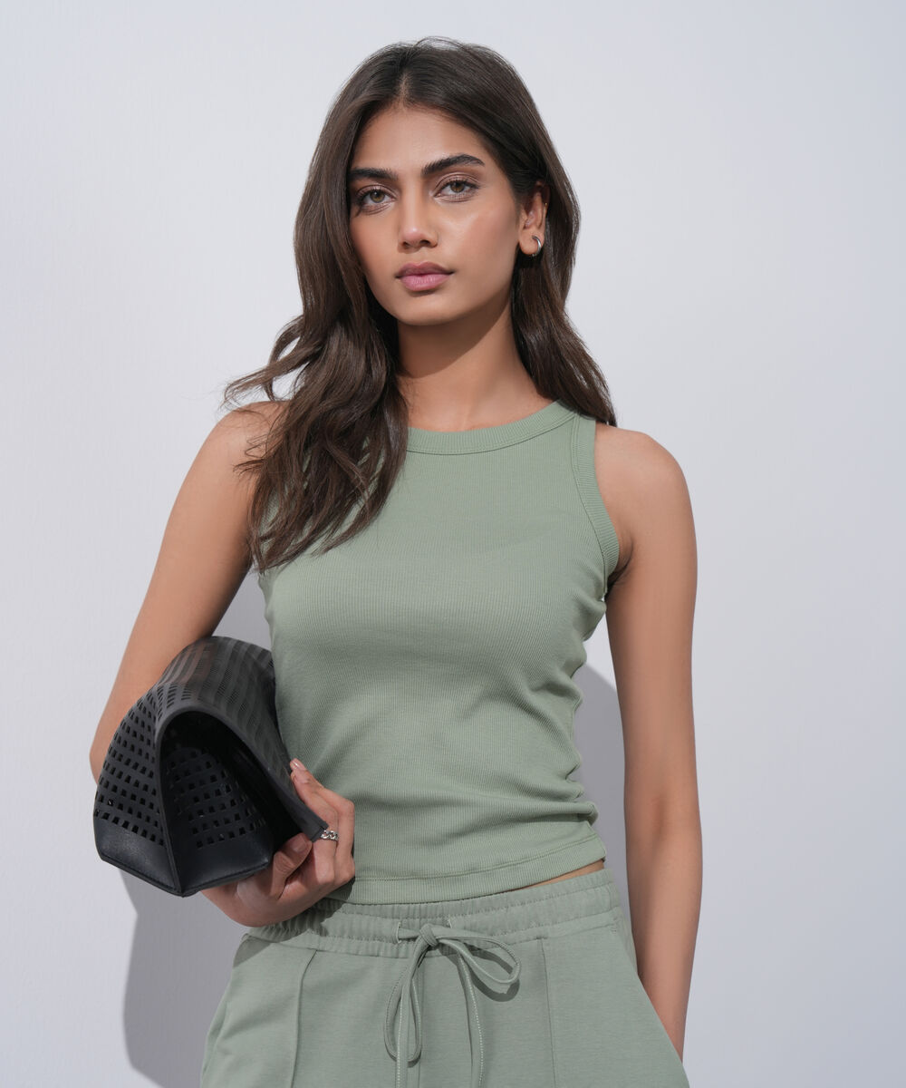 Women's Western Wear Green Ribbed Vest