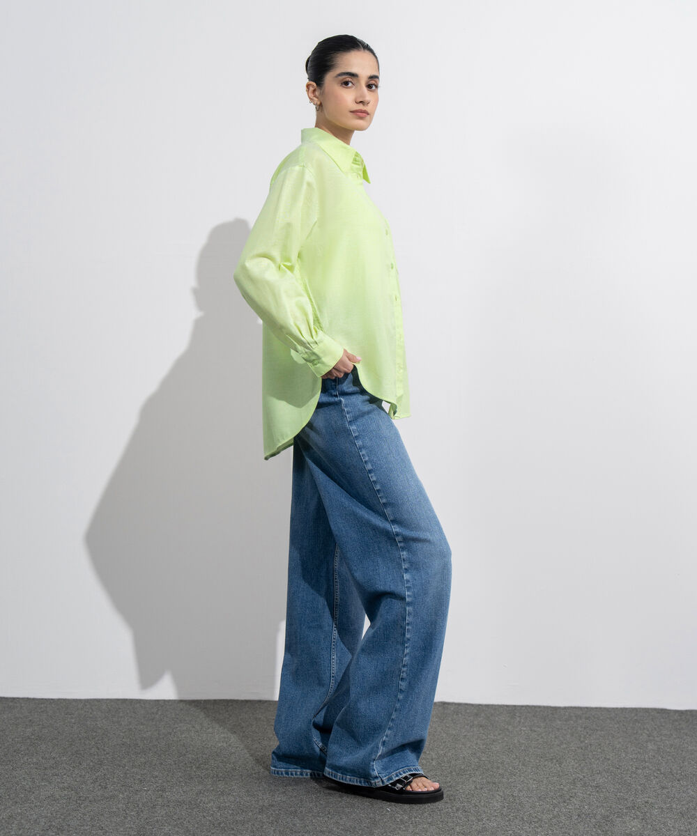 Women's Western Wear Lime Loose-Fit Oxford Shirt