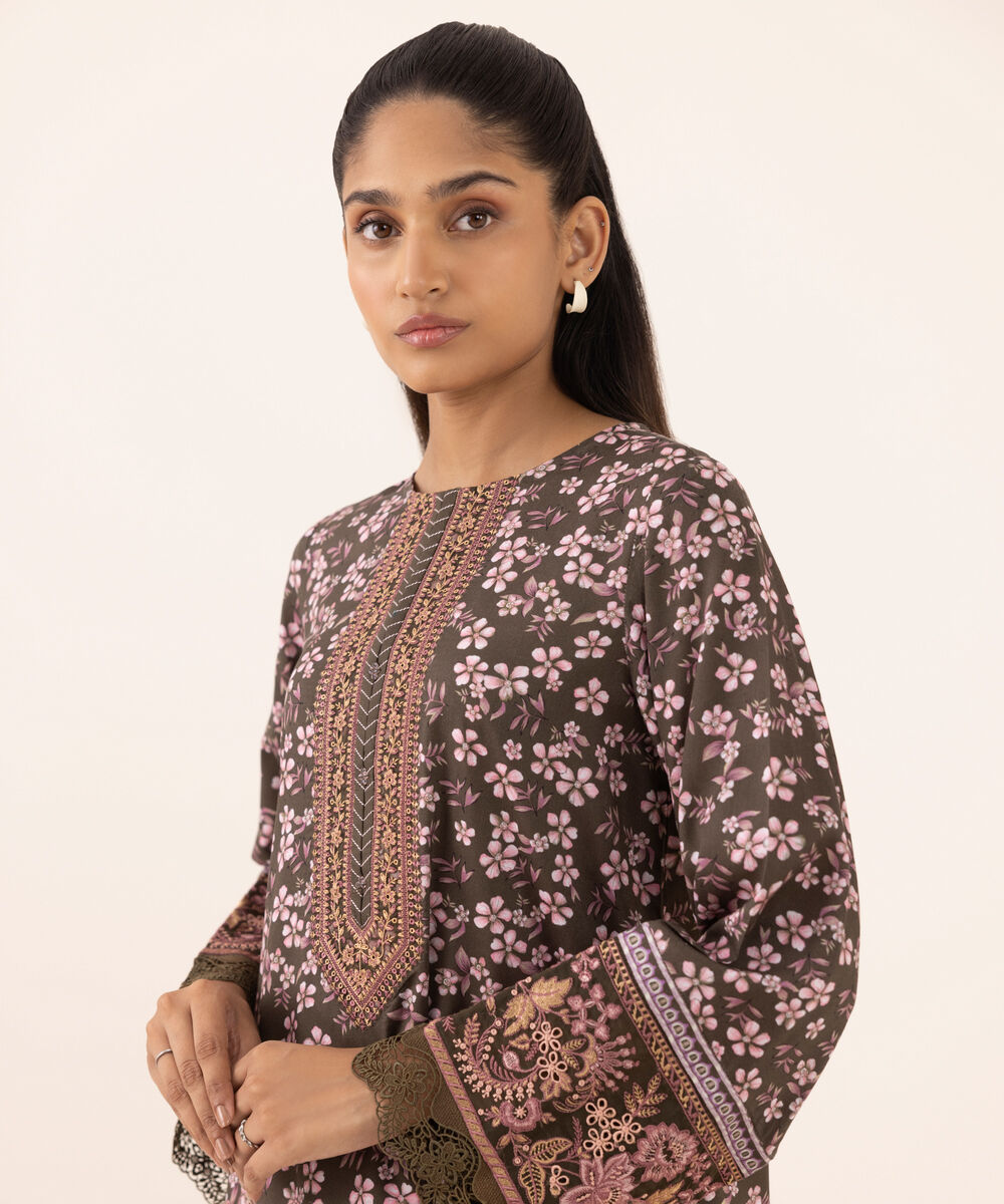 Women's RTW Arabic Lawn Brown Embroidered A-Line Shirt