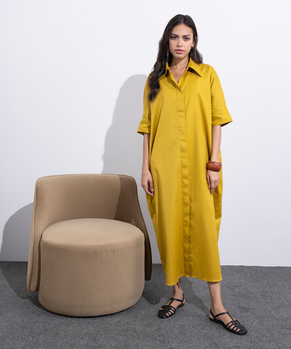 Women's Western Wear Mustard Short Sleeved Linen Blend Dress