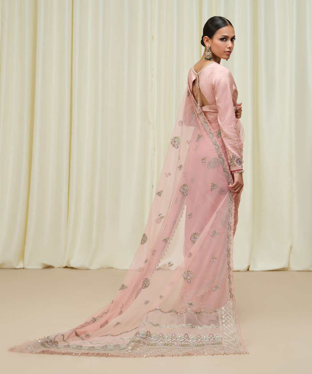 Women's Unstitched Embroidered Net Pink Saree