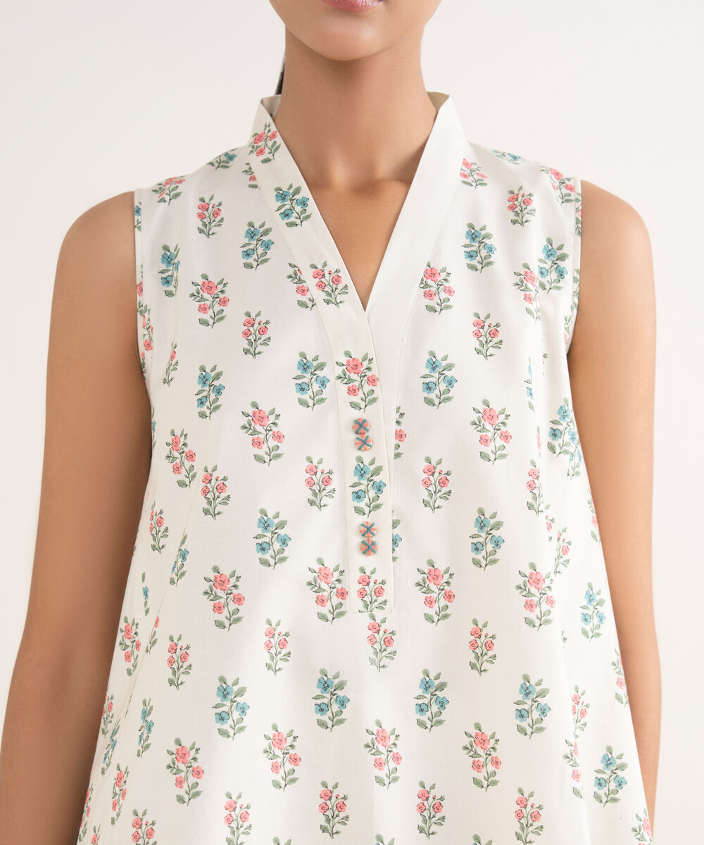 Women's Unstitched Cotton Printed Off White 2 Piece Suit