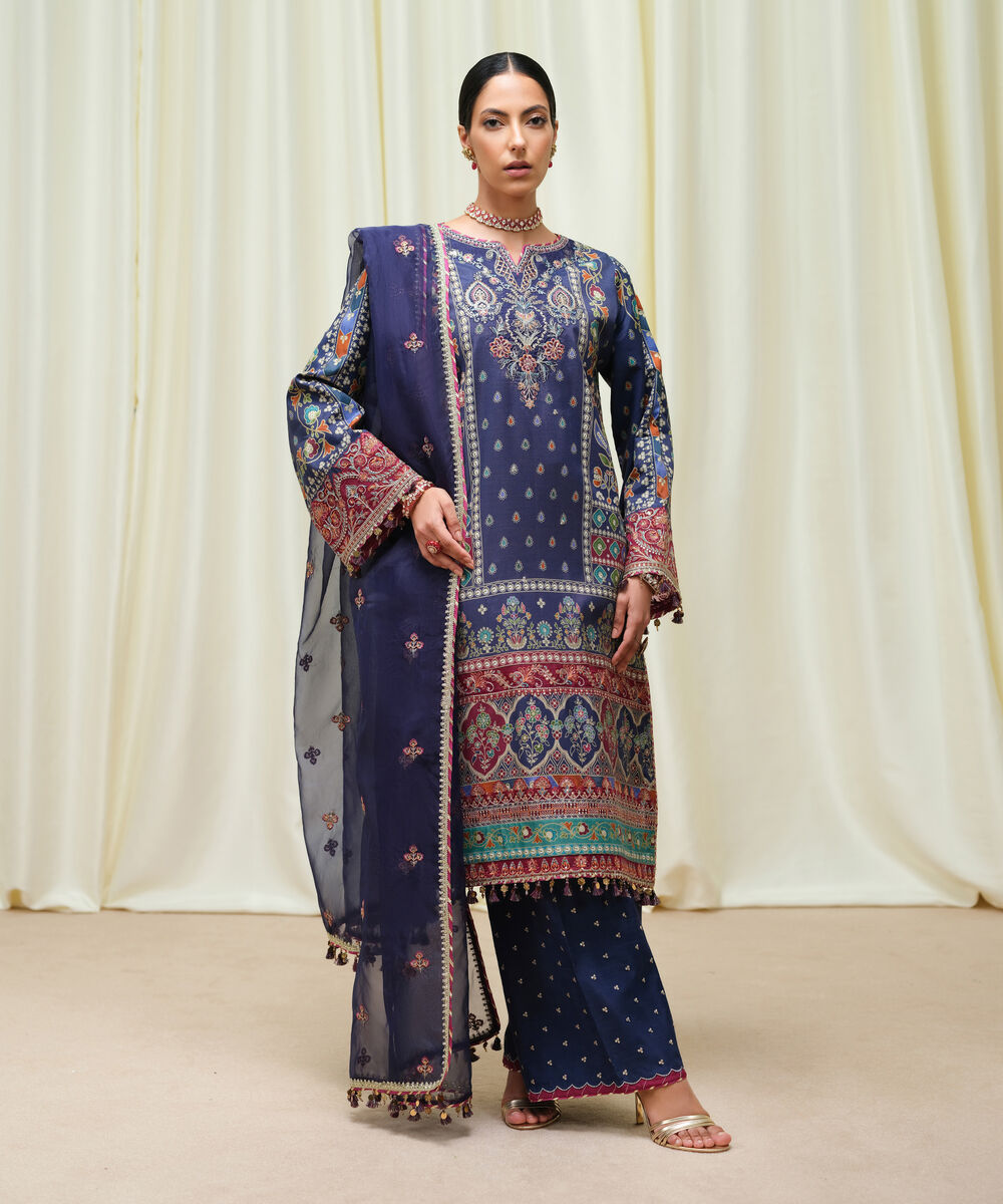 Women's Unstitched Viscose Raw Silk Printed Three Piece Suit