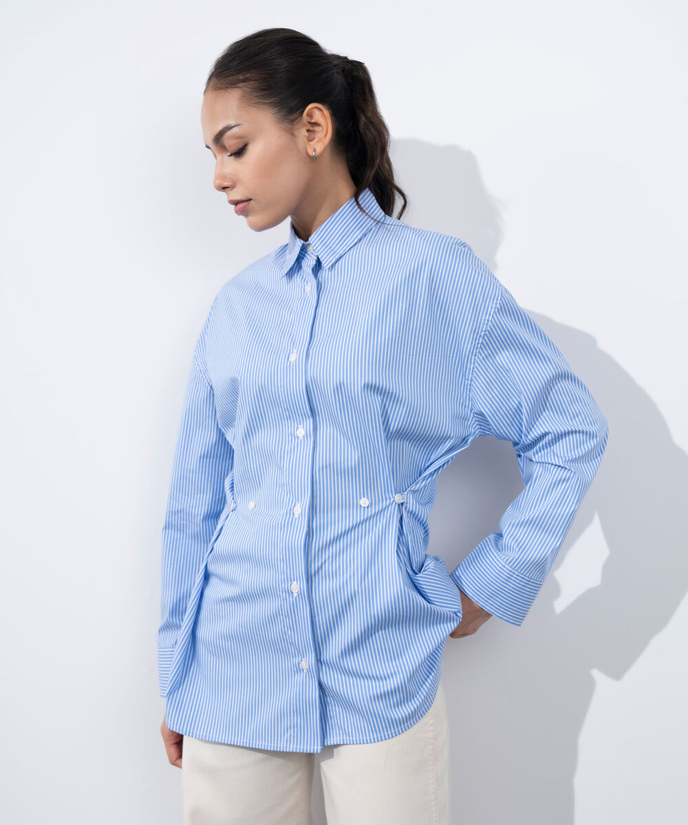 Women's Western Wear Blue Cinched Waist Button Through Shirt