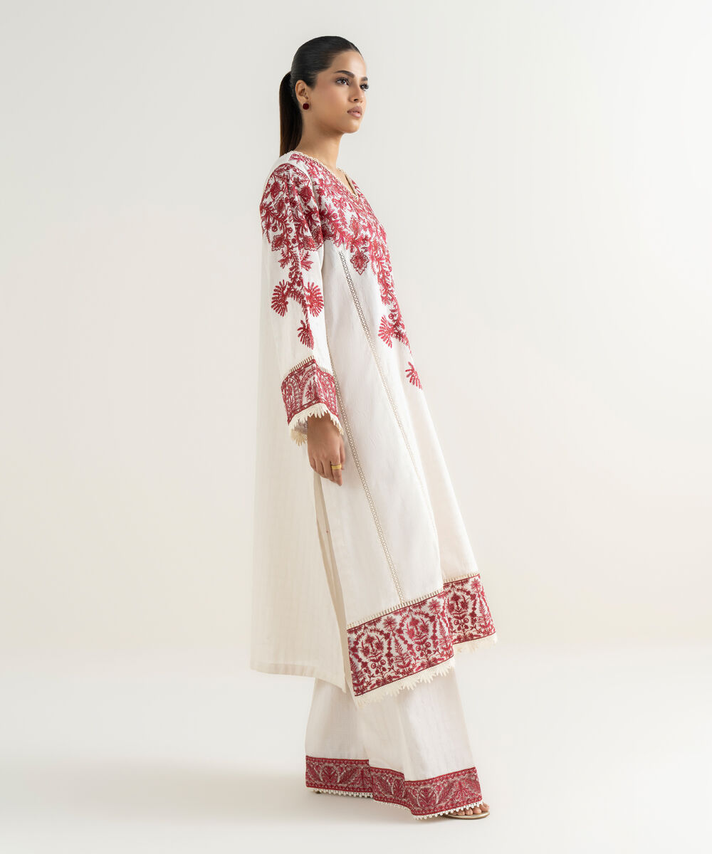 Women's RTW Textured Cotton Off White Embroidered A-Line Shirt