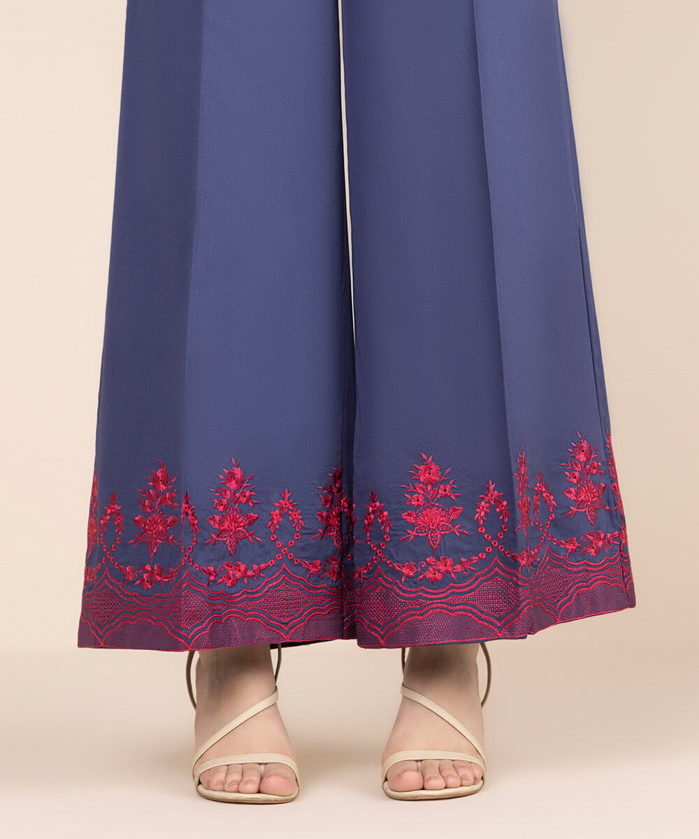 Women's RTW Cotton Satin Blue Embroidered Flared Pants