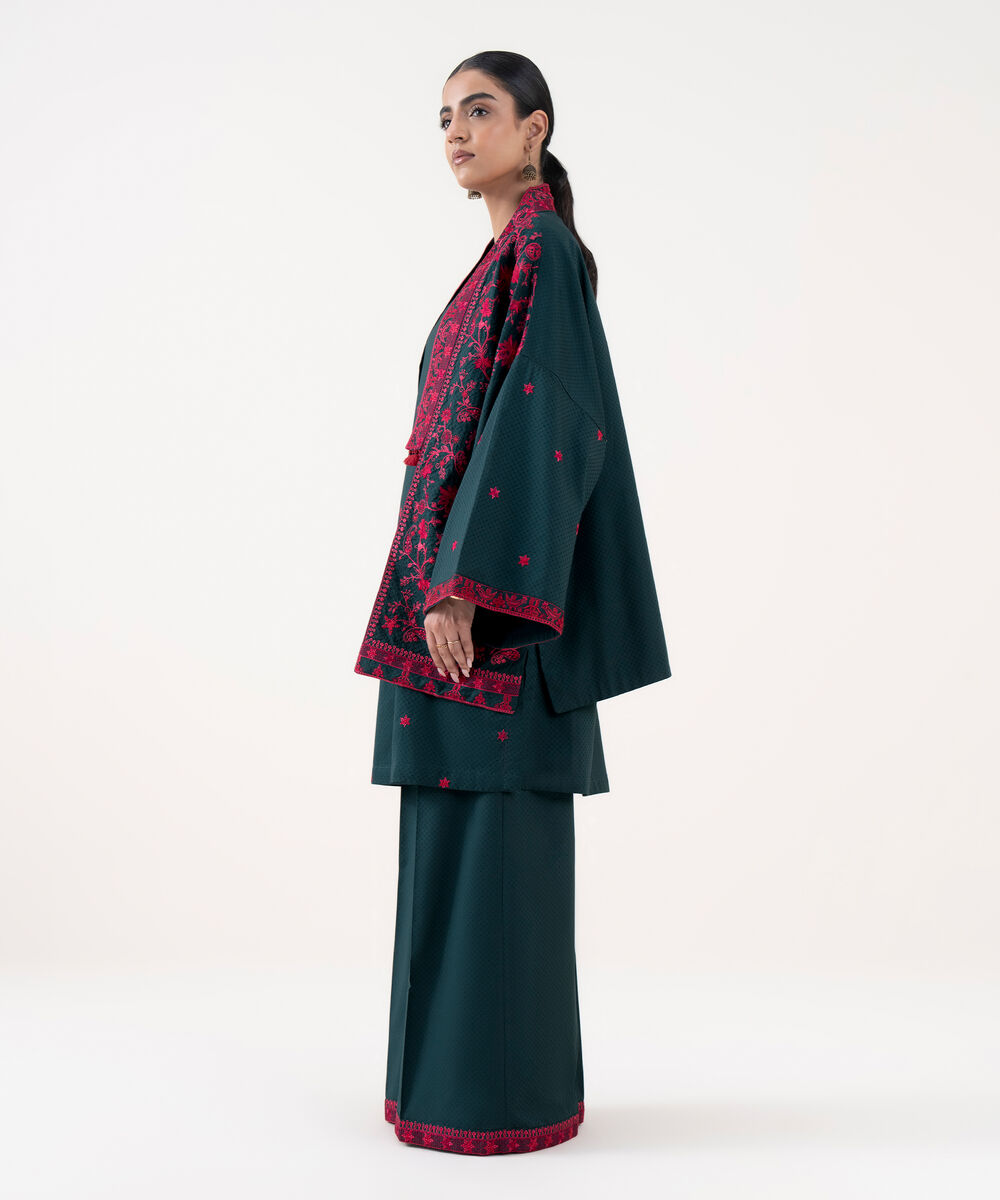 Women's RTW Textured Cotton Blue Embroidered Front Open Waistcoat