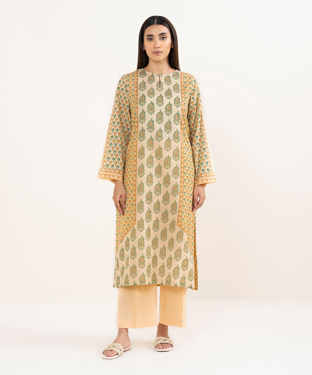 Women's RTW Dobby Beige Printed A-Line Shirt