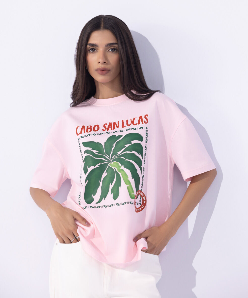 Women's Western Wear Pink Loose Fit Graphic T-Shirt