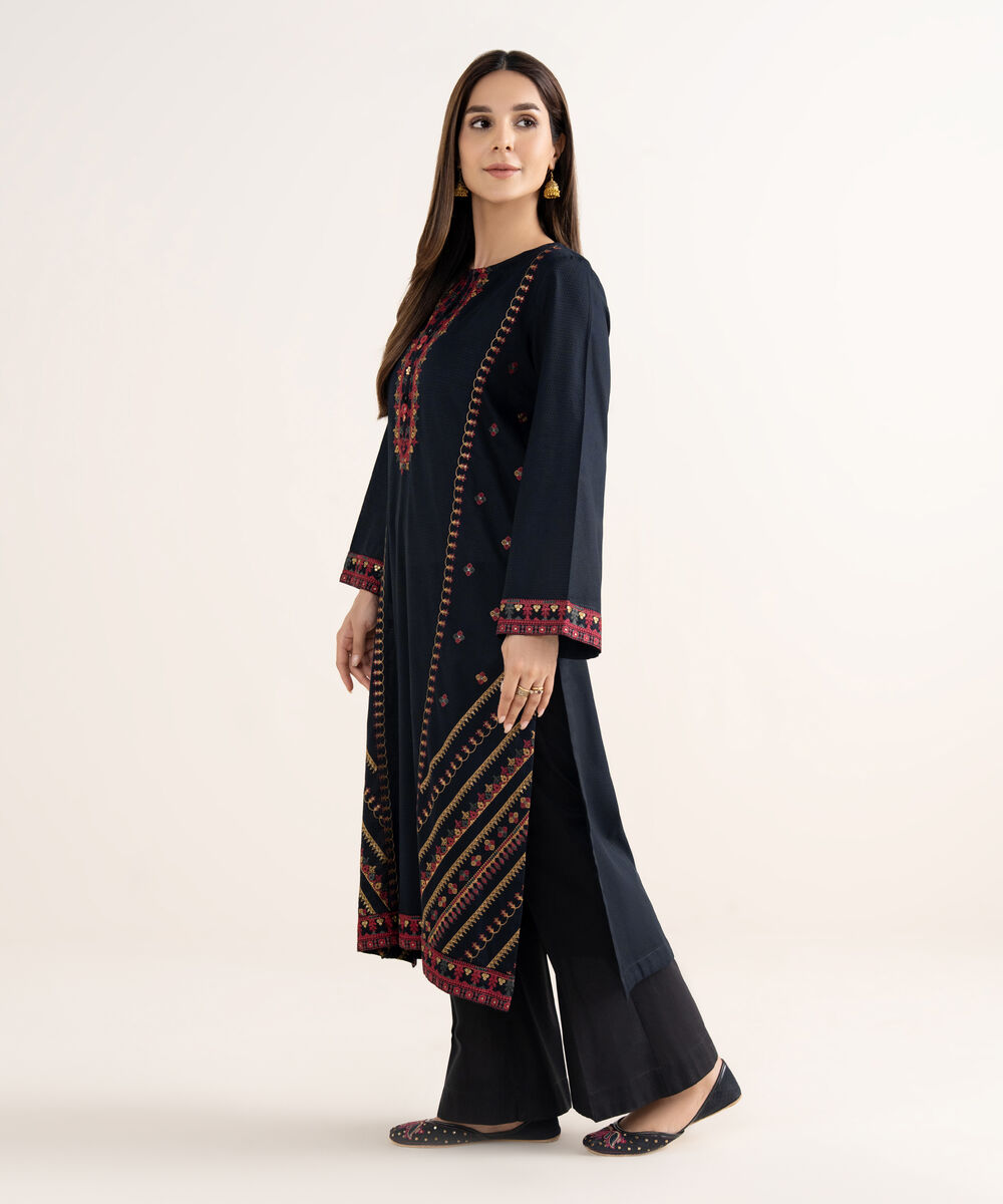 Women's RTW Textured Cotton Black Embroidered A-Line Shirt