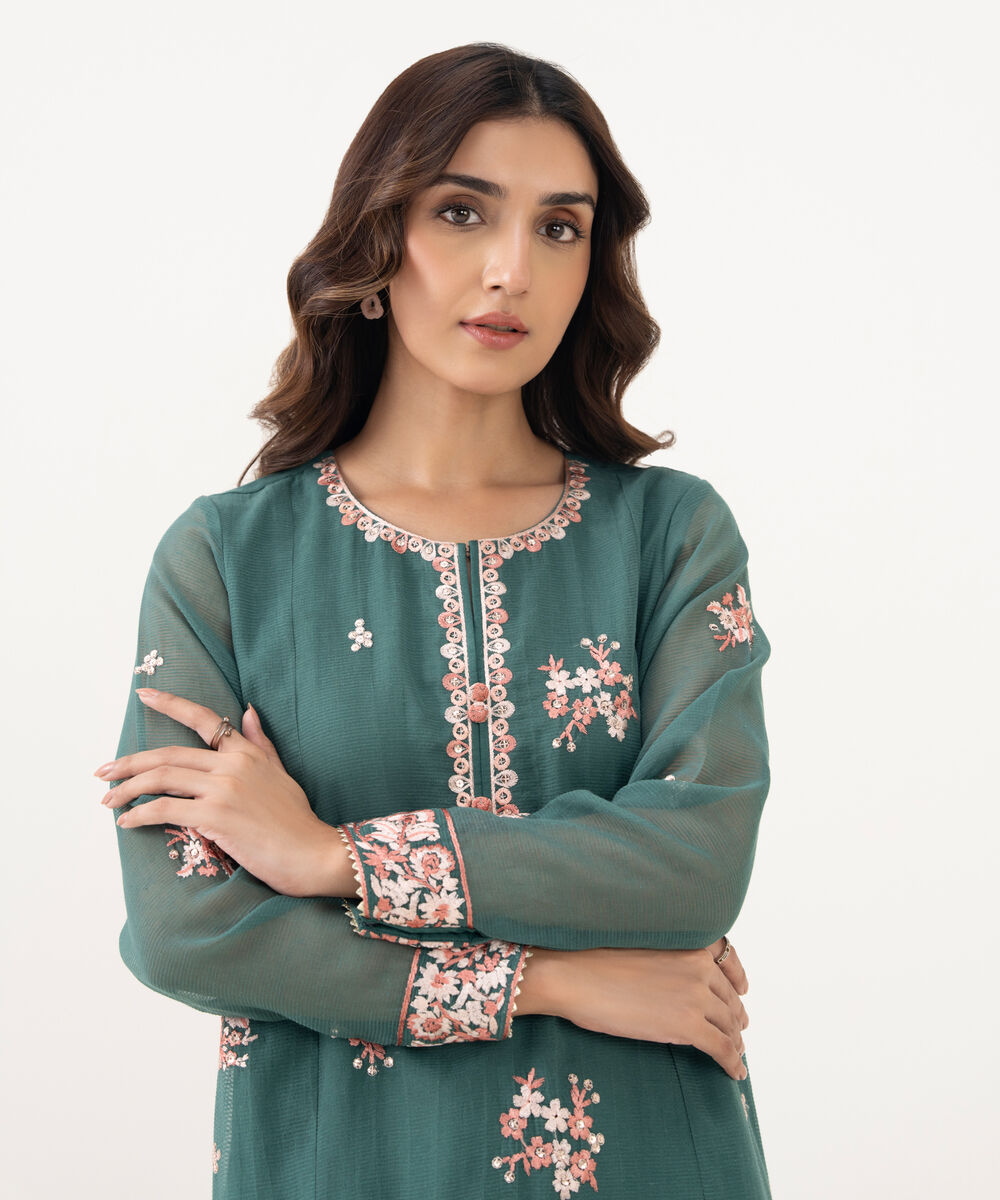 Women's RTW Blended Textured Karandi Embroidered A-Line Green Shirt