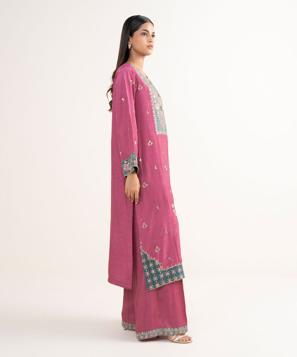 Women's RTW Raw Silk Pink Embroidered 2 Piece Suit