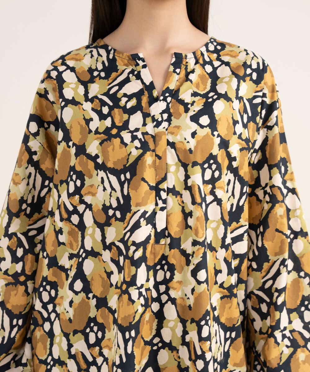 Women's RTW Cambric Brown Printed Drop Shoulder Shirt