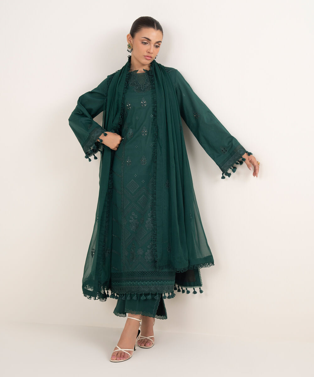 Women's Unstitched Lawn Embroidered Green 3 Piece Suit