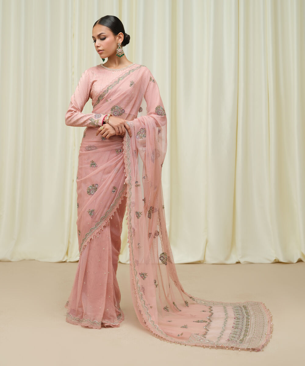 Women's Unstitched Embroidered Net Pink Saree
