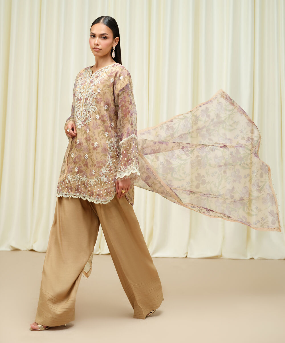 Women's Unstitched Blended Organza Embroidered Beige 3 Piece Suit