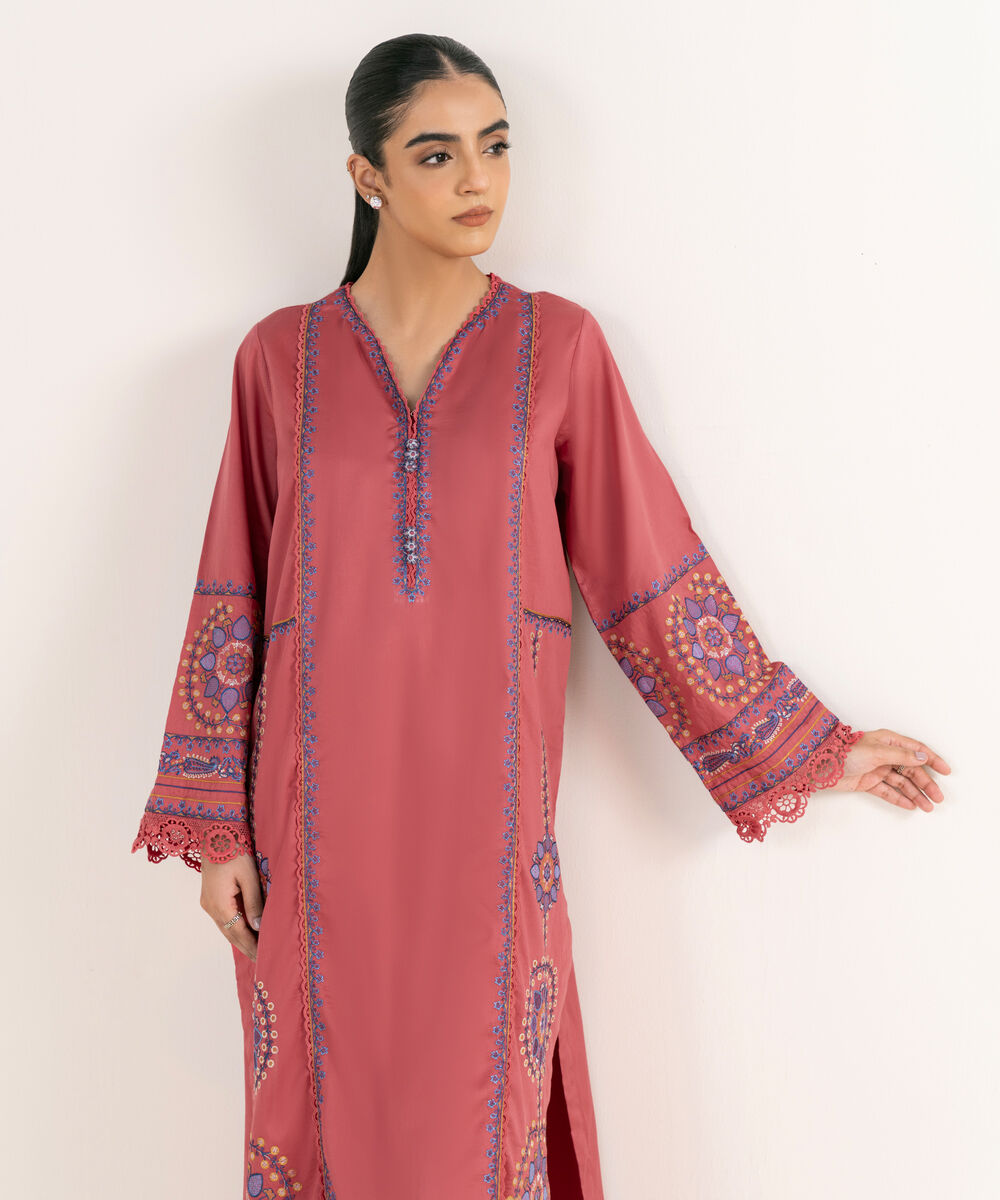 Women's RTW Cotton Satin Pink Embroidered A-Line Shirt