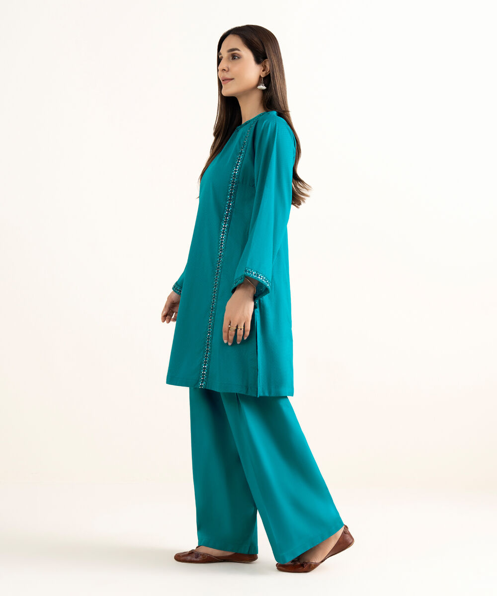 Women's RTW Textured Cotton Blue Embroidered A-Line Shirt