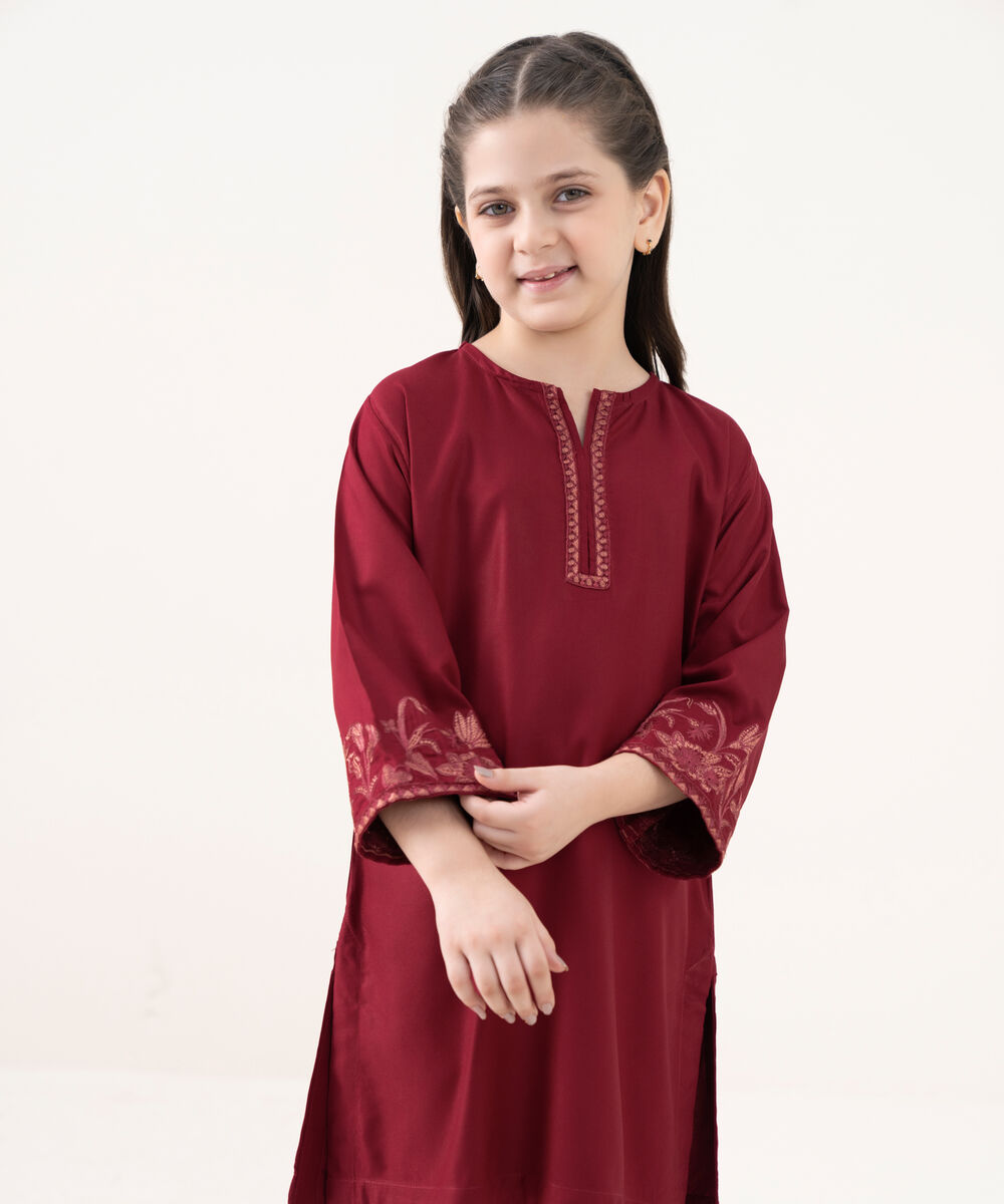 Girls Viscose Marina Maroon Dyed Kidswear Shirt and Trousers