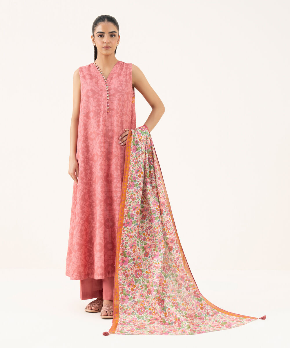 Women's Unstitched Light Khaddar Printed Pink Three Piece Suit
