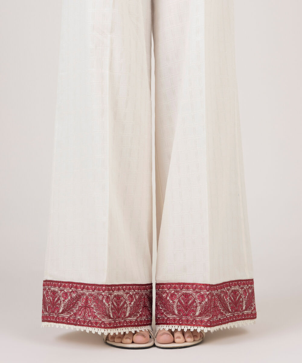 Women's RTW Textured Cotton Off White Embroidered Flared Pants