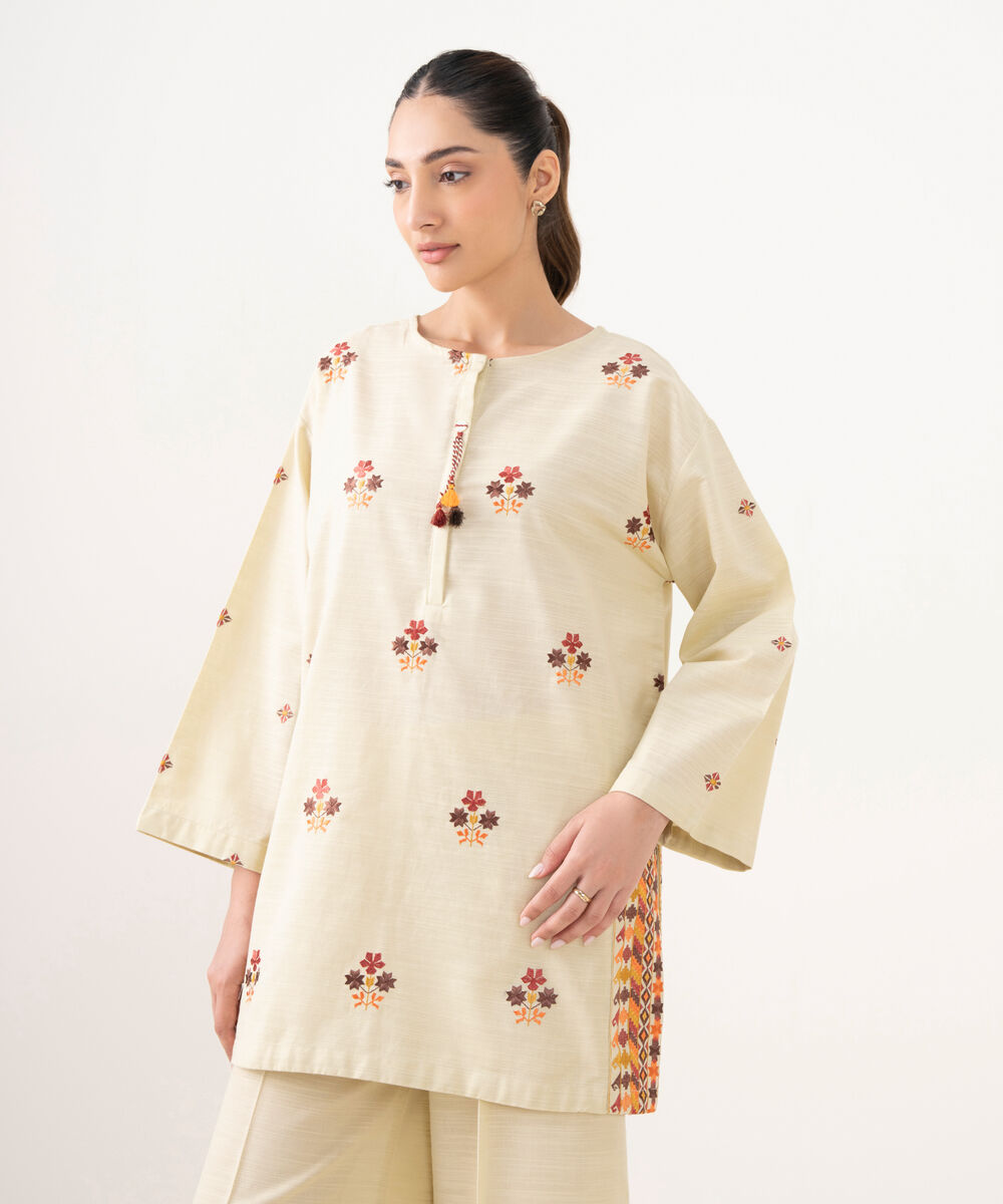 Women's RTW Light Khaddar Embroidered Beige Straight Shirt