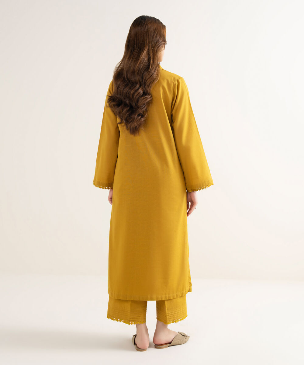 Women's RTW Textured Cotton Solid Straight Yellow Shirt