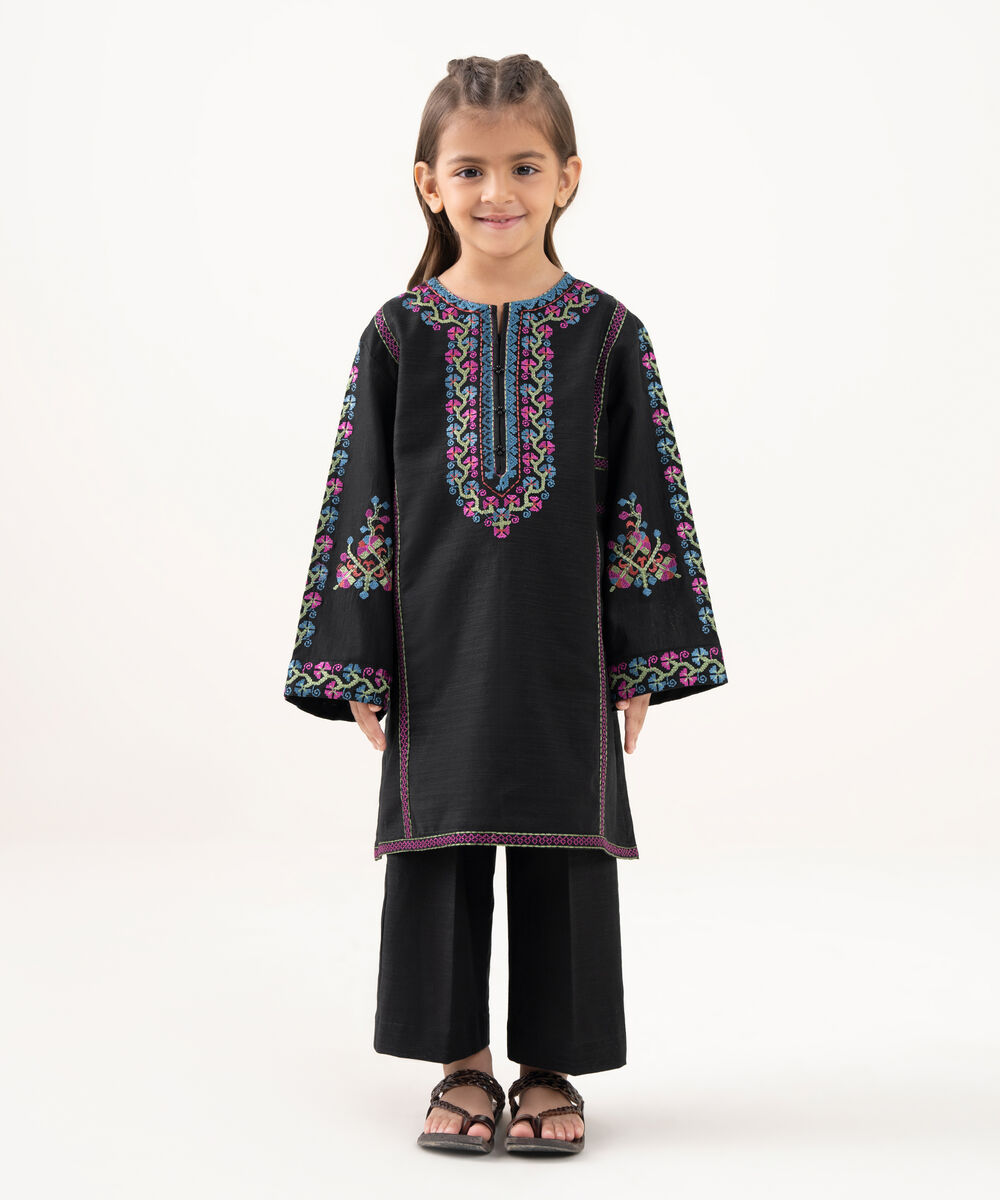 Girl's Light Khaddar Embroidered Black 2 Piece Suit