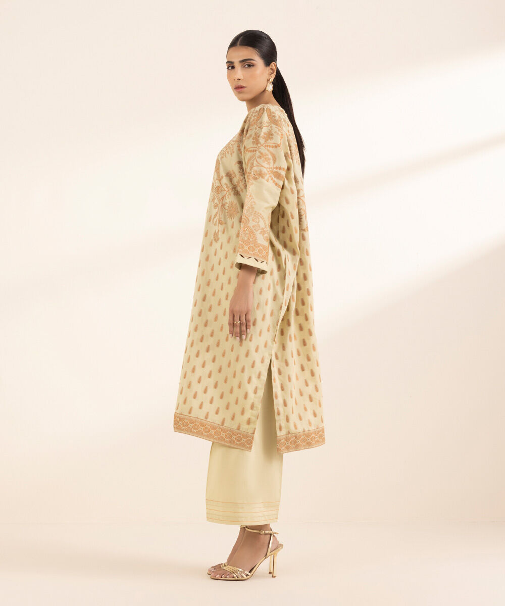 Women's RTW Extra Weft Jacquard Beige Solid Drop Shoulder Shirt