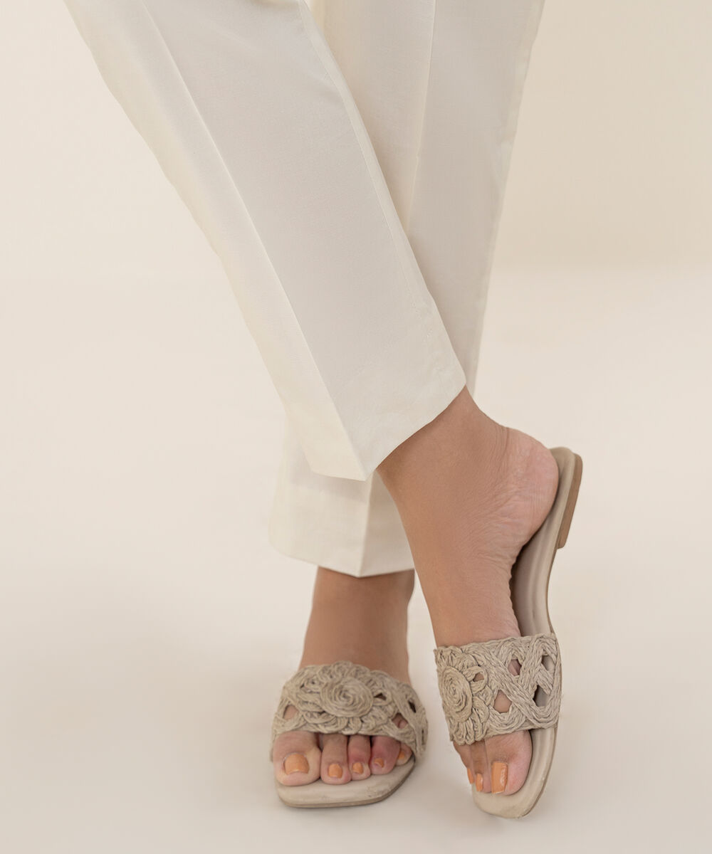 Women's Unstitched Cotton Printed Off White Trousers